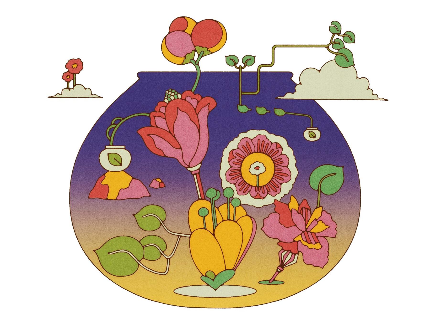 Concept illustration of a terrarium with natural and artificial elements