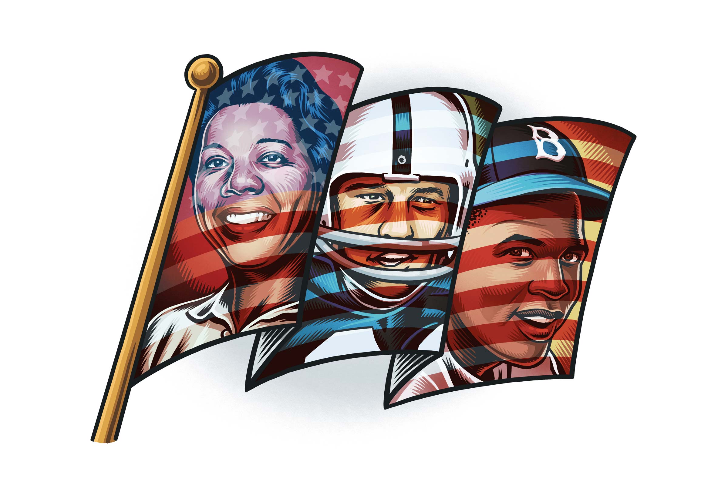 Illustration of Althea Gibson, Johnny Unitas and Jackie Robinson overlayed over an American flag