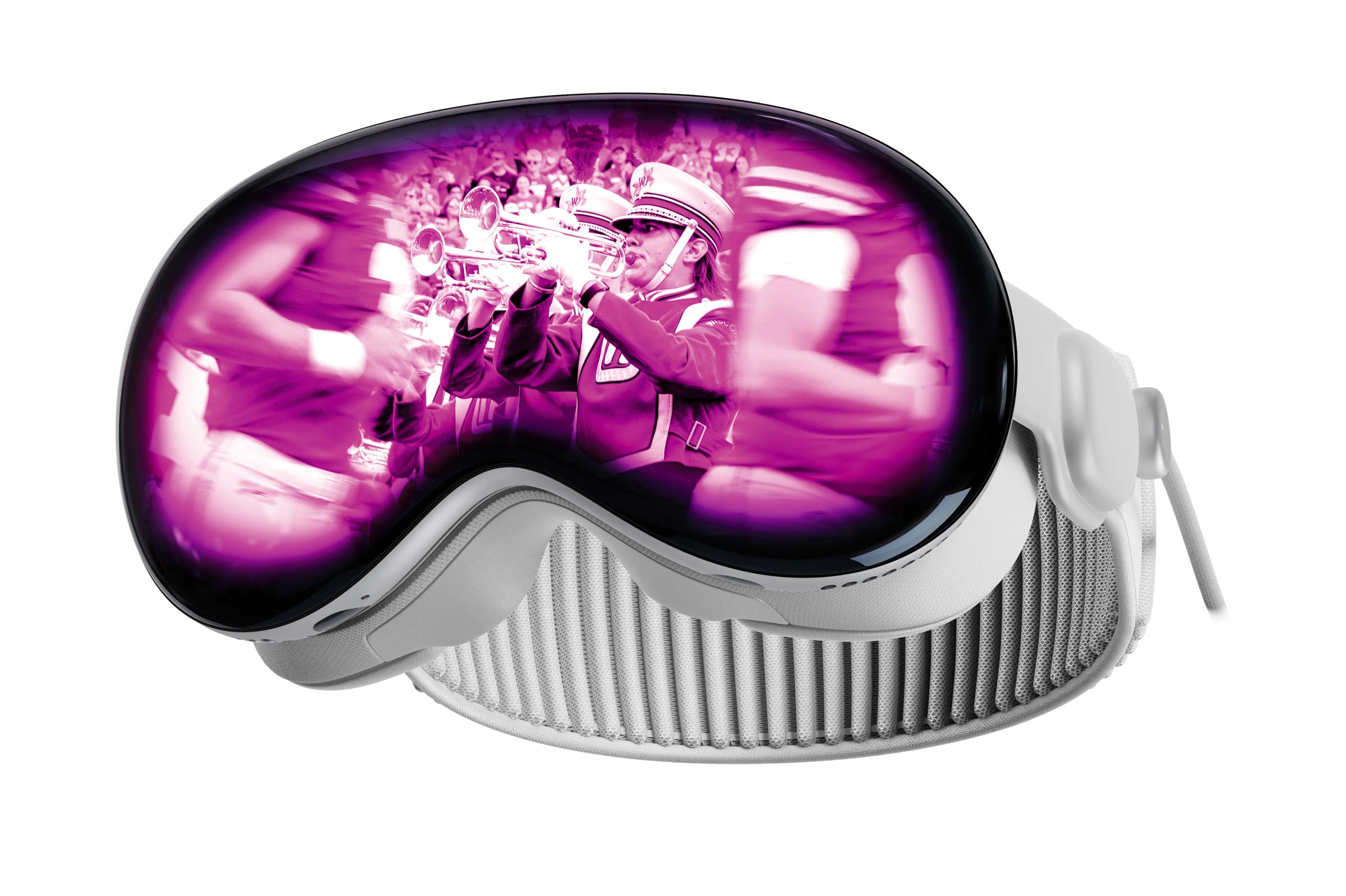 Apple Vision Pro goggles with an image of the University of Wisconsin Marching Band in the lenses