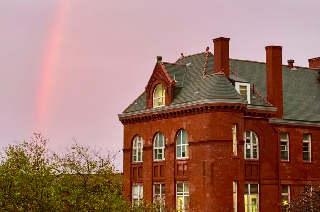 Rainbow over Science Hall just before sunset