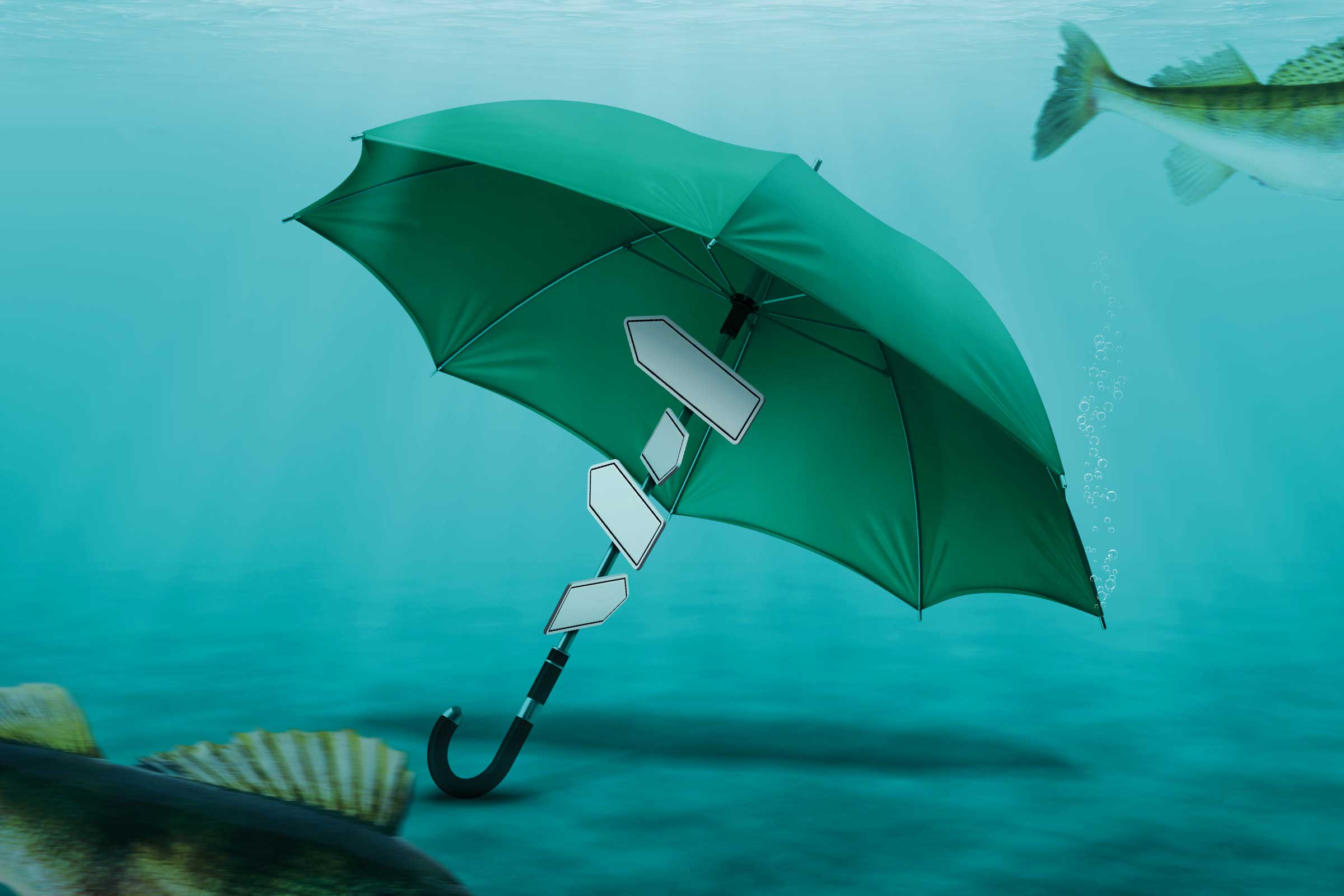 Illustration of an umbrella at the bottom of a deep body of water