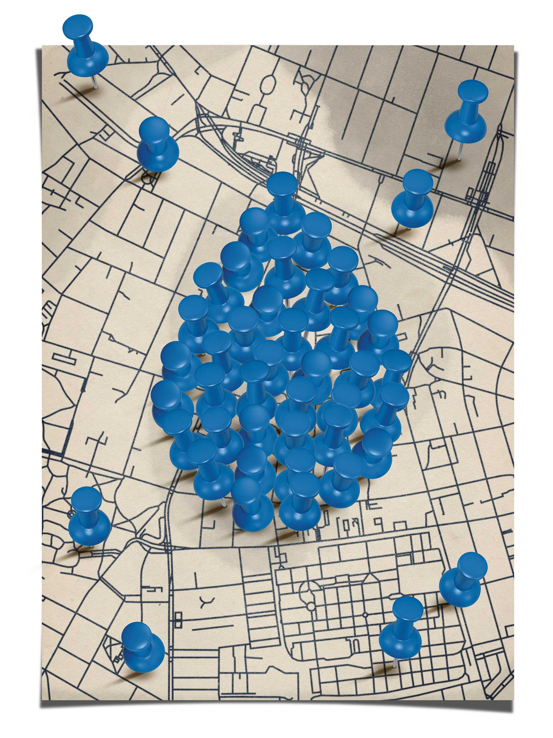 Illustration of a map with push pins in the shape of a raindrop