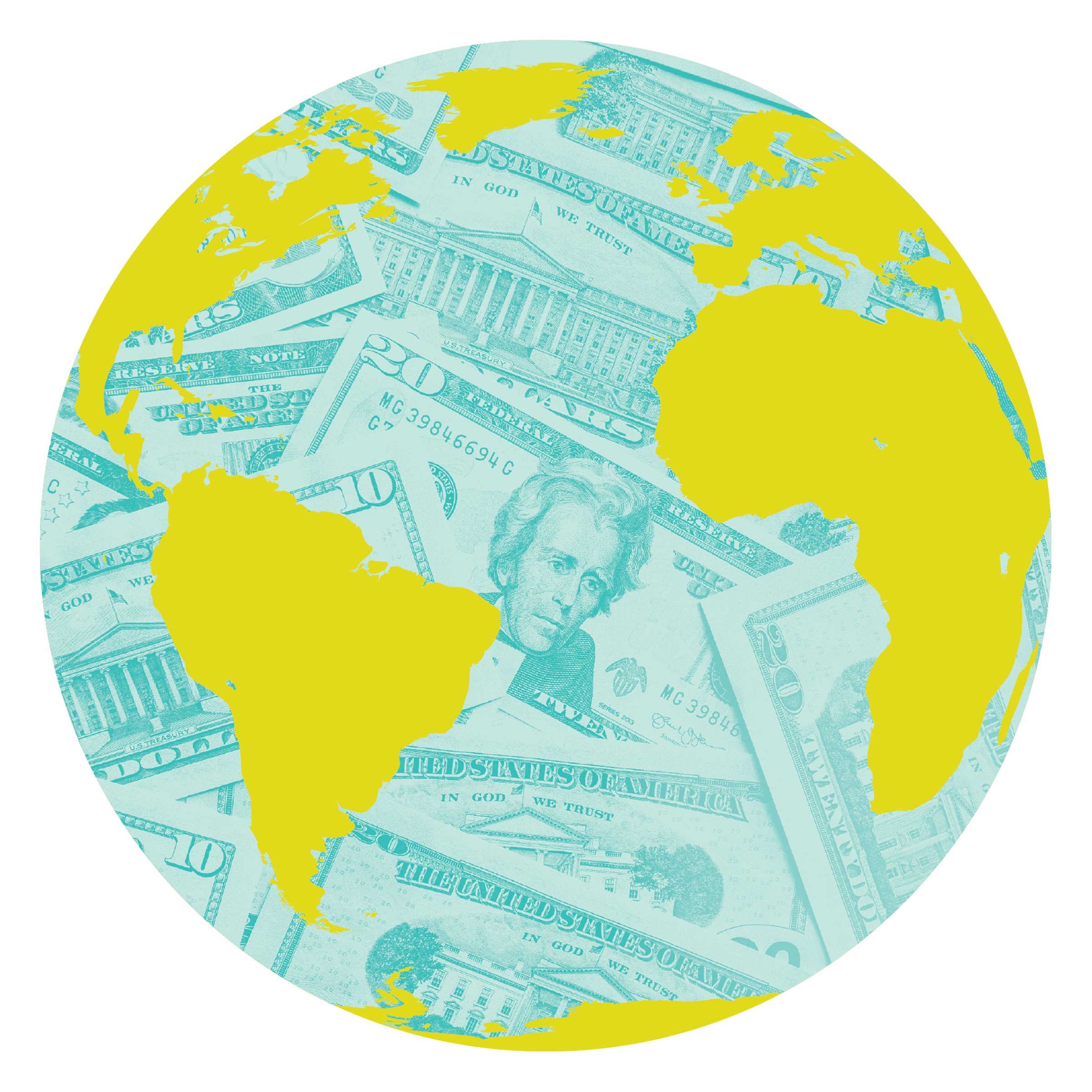 A globe with money showing where water usually is