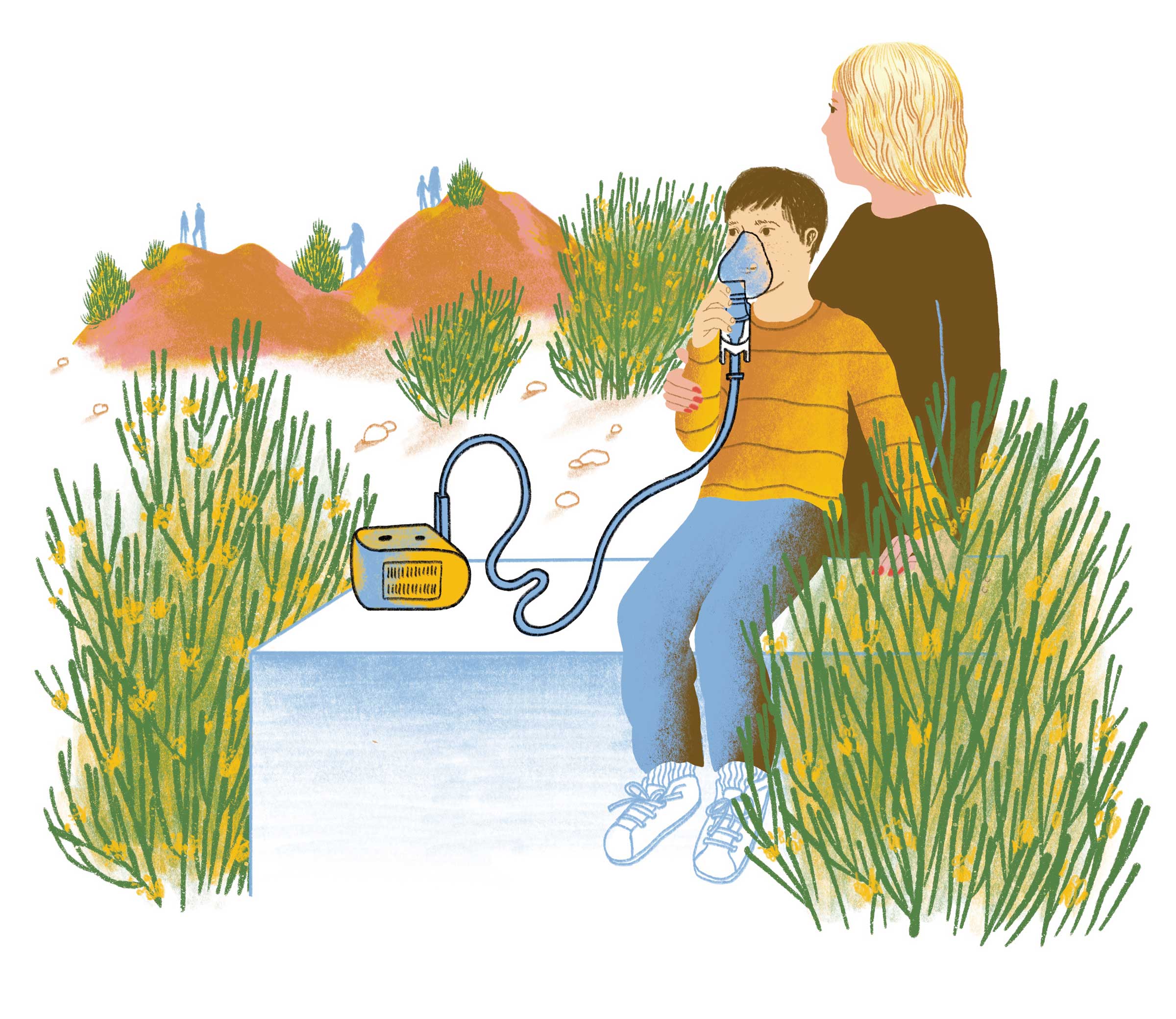 Illustration of a son on a respirator while the mom sits with him