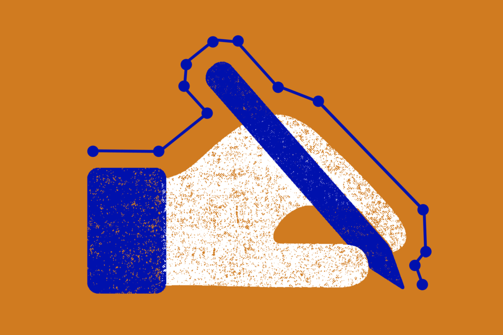 Illustration of a hand writing with data points