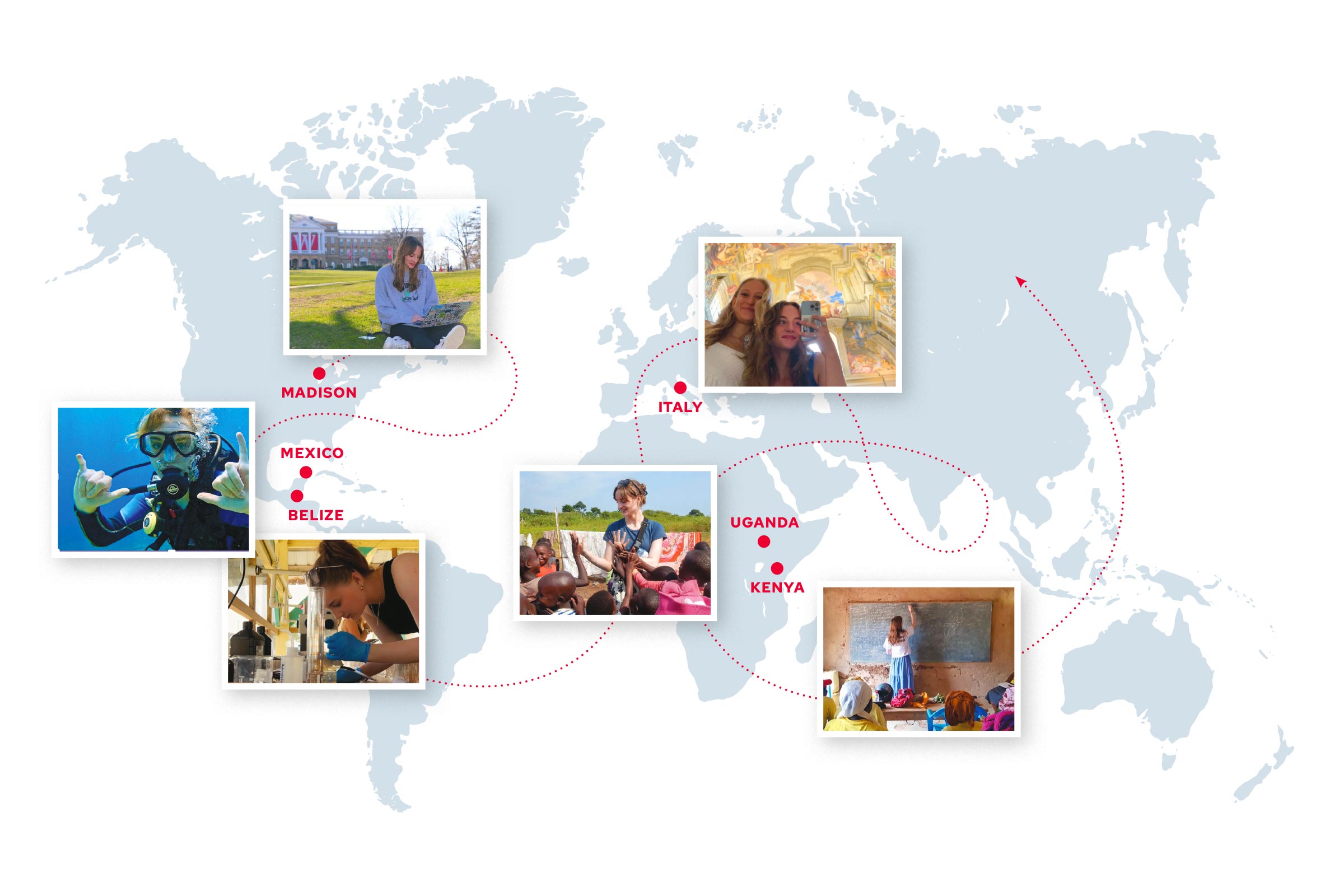 Map of the world marking Jess Randall's travels to Madison, Mexico, Belize, Italy, Uganda and Kenya