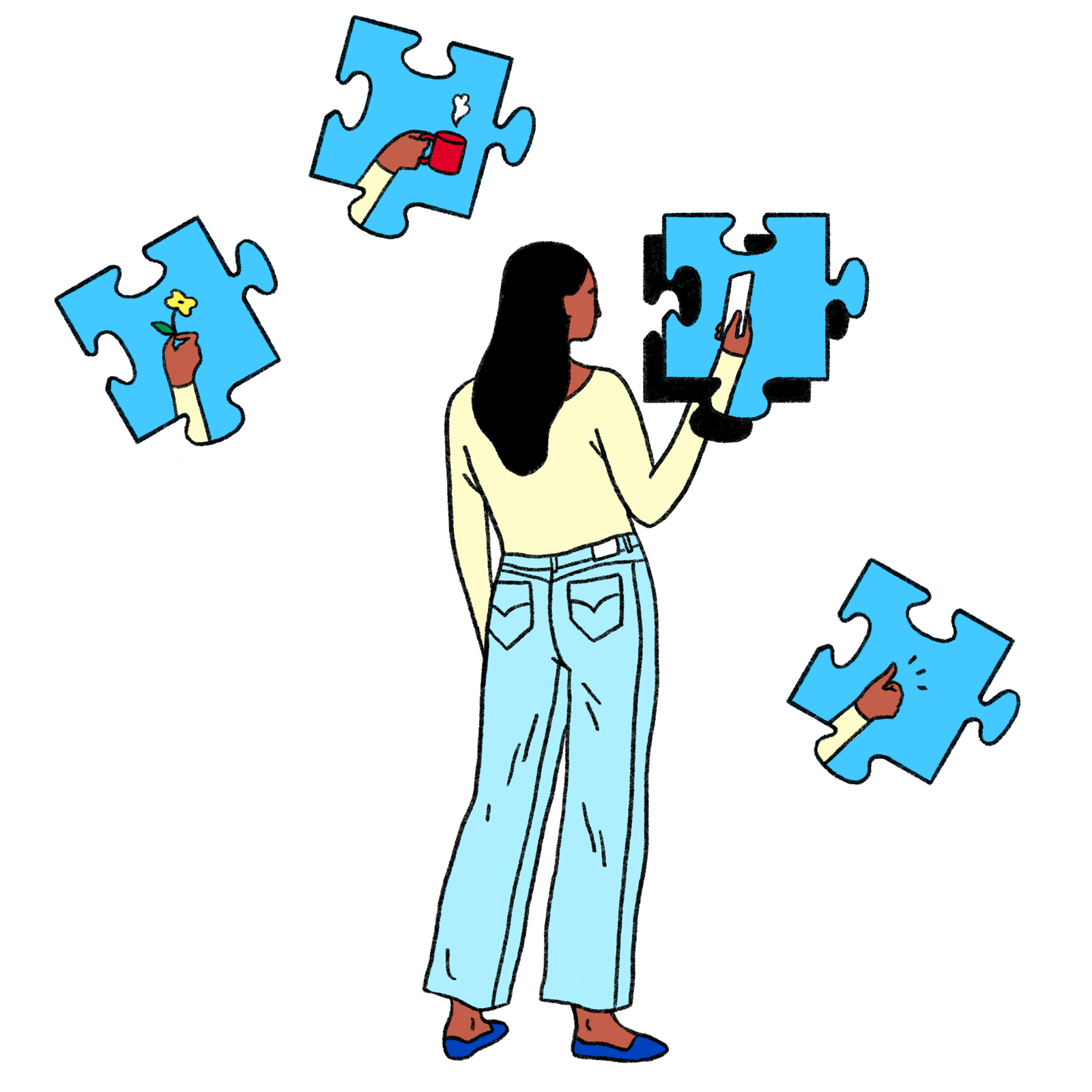 Illustration of a woman placing a puzzle piece