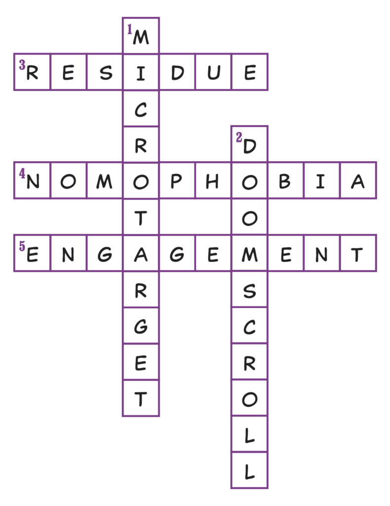 Crossword puzzle featuring the words in order by number: microtarget, doomscroll, residue, nomophobia, engagement
