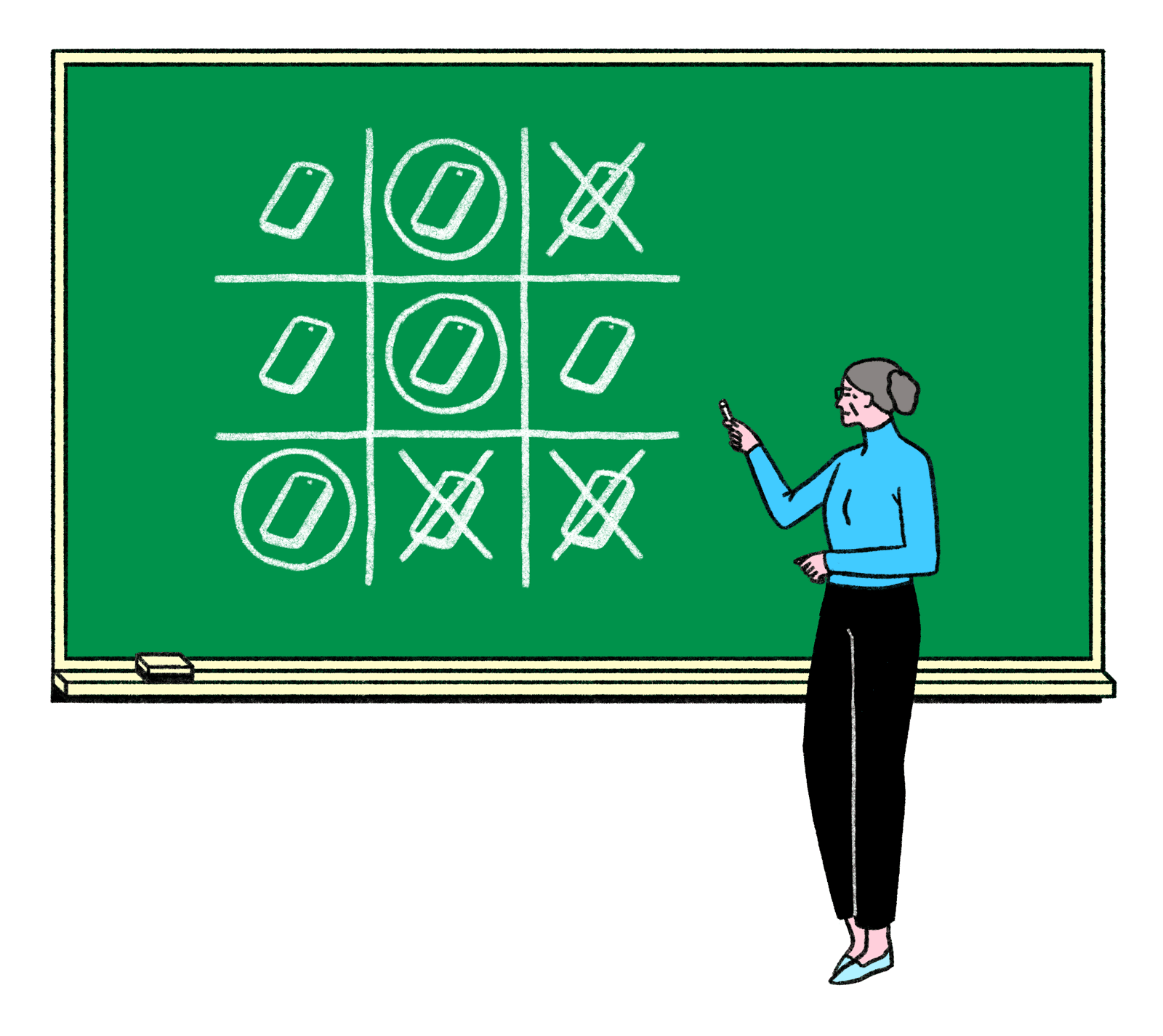 Teacher standing in front of a chalkboard playing Tic Tac Toe where the Xs and Os are over phones